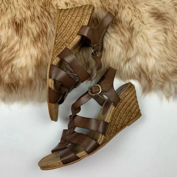 Eric Michael Brown Leather Wedge Espadrille Sandals Hobo Woven - Picture 5 of 6